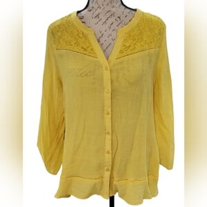 Womans NY Collection Bright Yellow Sheer Linen Button Down Blouse / Top Size L